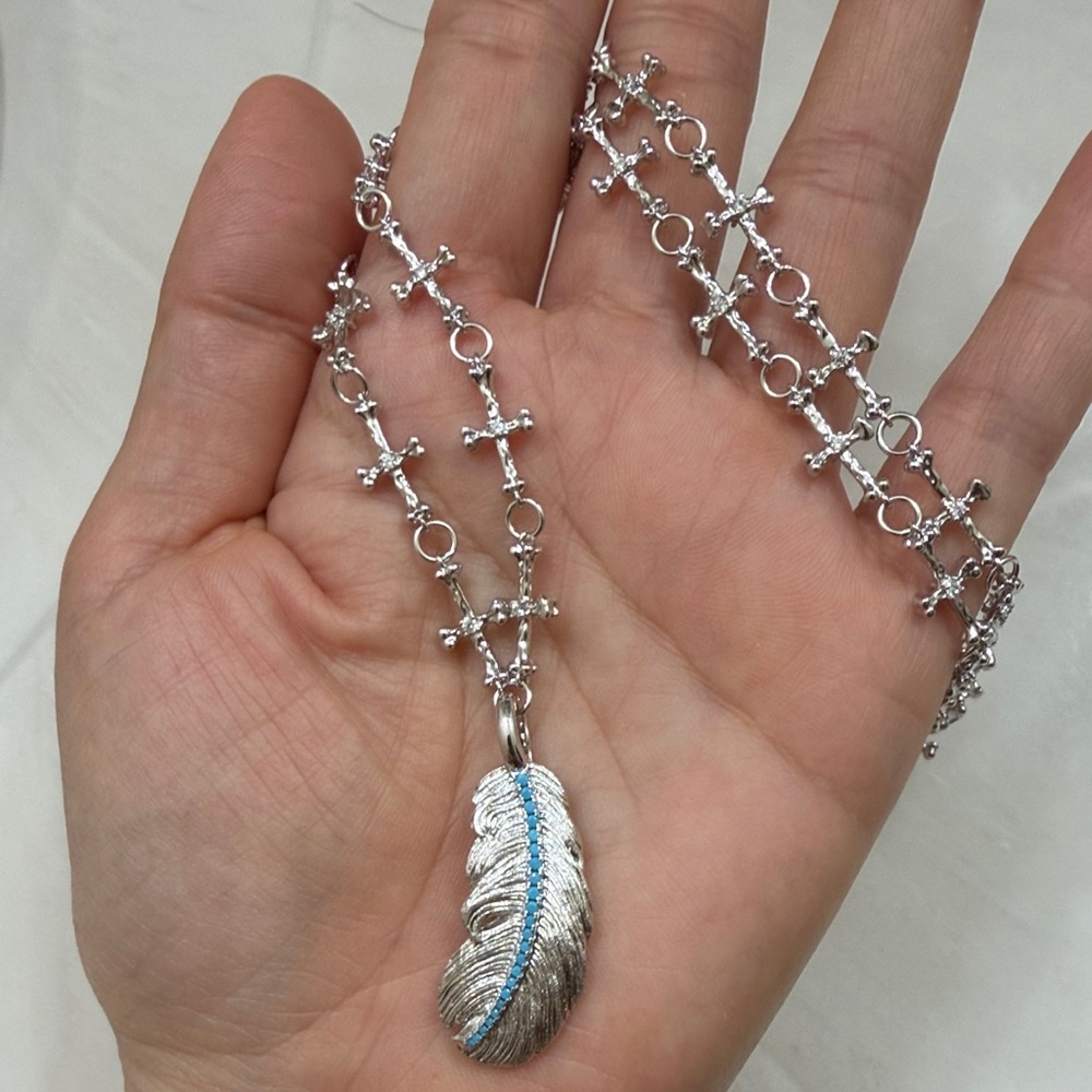 Silver and Blue Feather Necklace
